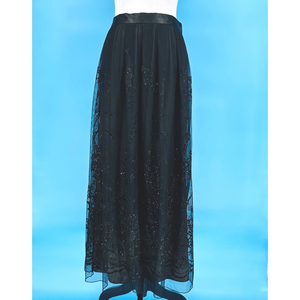 R&M Richards Black Glitter Floral Mesh Maxi Skirt Scalloped Hem Womens XL Whimsy